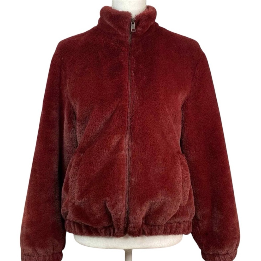 Cynthia Rowley Burgundy Faux Fur Elastic Hem Jacket w/ zipper & pockets - size S